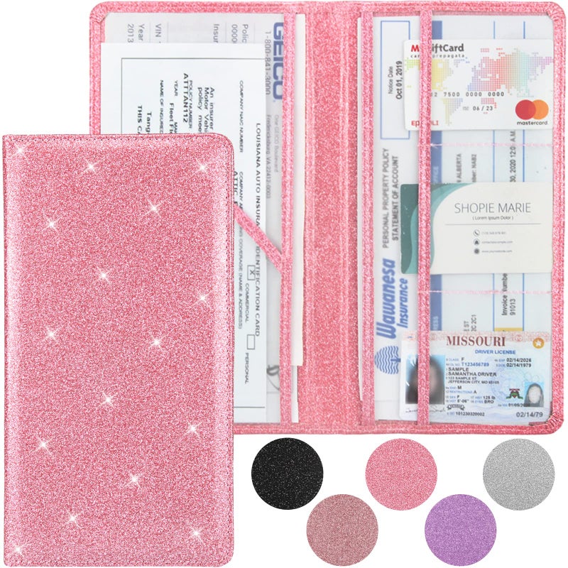 Bodskad Car Registration and Insurance Holder  Premium Leather Insurance and Registration Holder vehicle Glove Box Car Organizer  with Magnetic Shut for Cards  Driver License (Glitter Pink) - Image 1